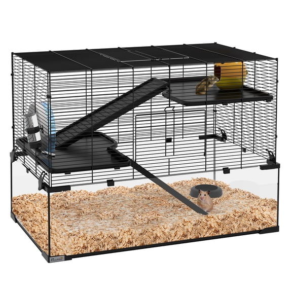 PawHut Hamster Cage, 31" Gerbil Cage with Glass Basin, Ramps, Platforms, Hut, Exercise Wheel, for Small Hamsters, Black