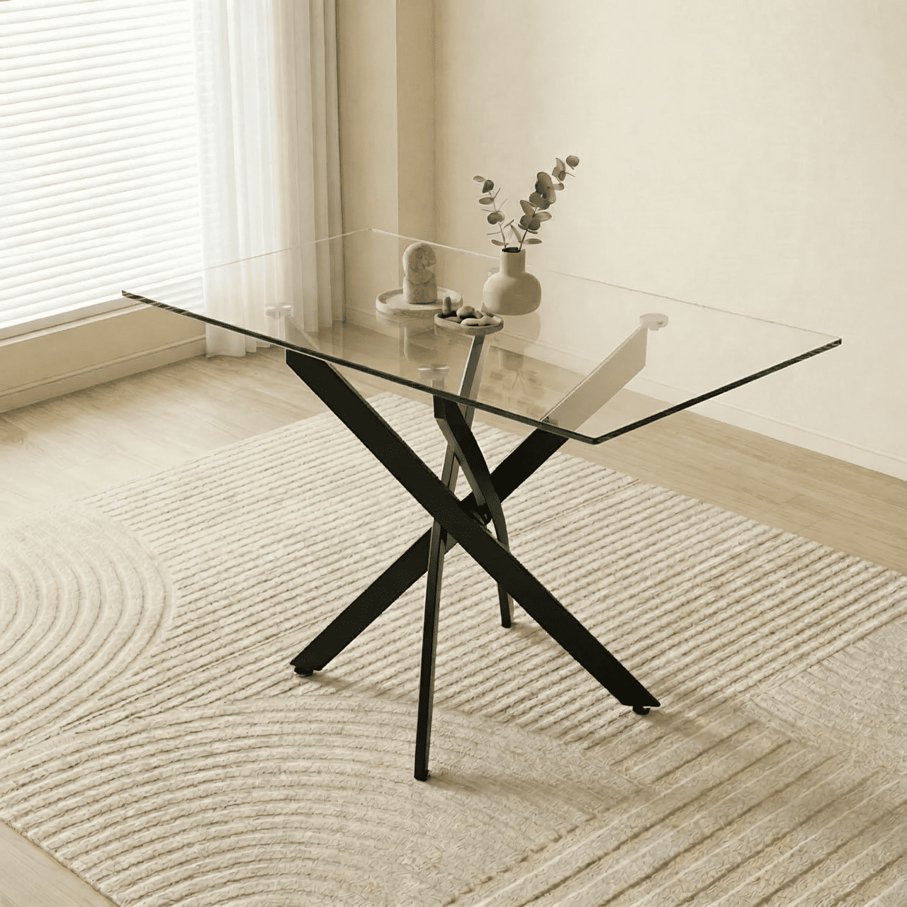 Garitin Dining Table and Rectangular Glass Top Kitchen Table 47.24 Inch, Modern Center Table with Black Metal Legs for Dining Room, Black