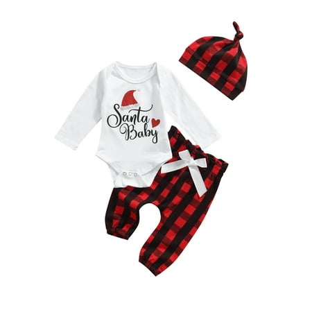 

Qiylii Christmas Baby Girls Boys Outfit Long Sleeve Romper+Plaid Pants+Cap