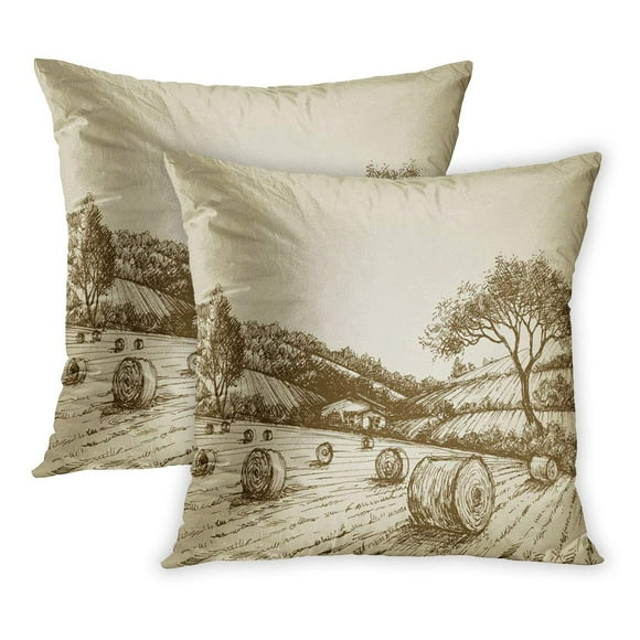BOSDECO Agriculture Harvest Landscape Farm Field and Hay Bales Sketch Vintage Valley Autumn Straw PillowCase Pillow Cover 18x18 inch Set of 2