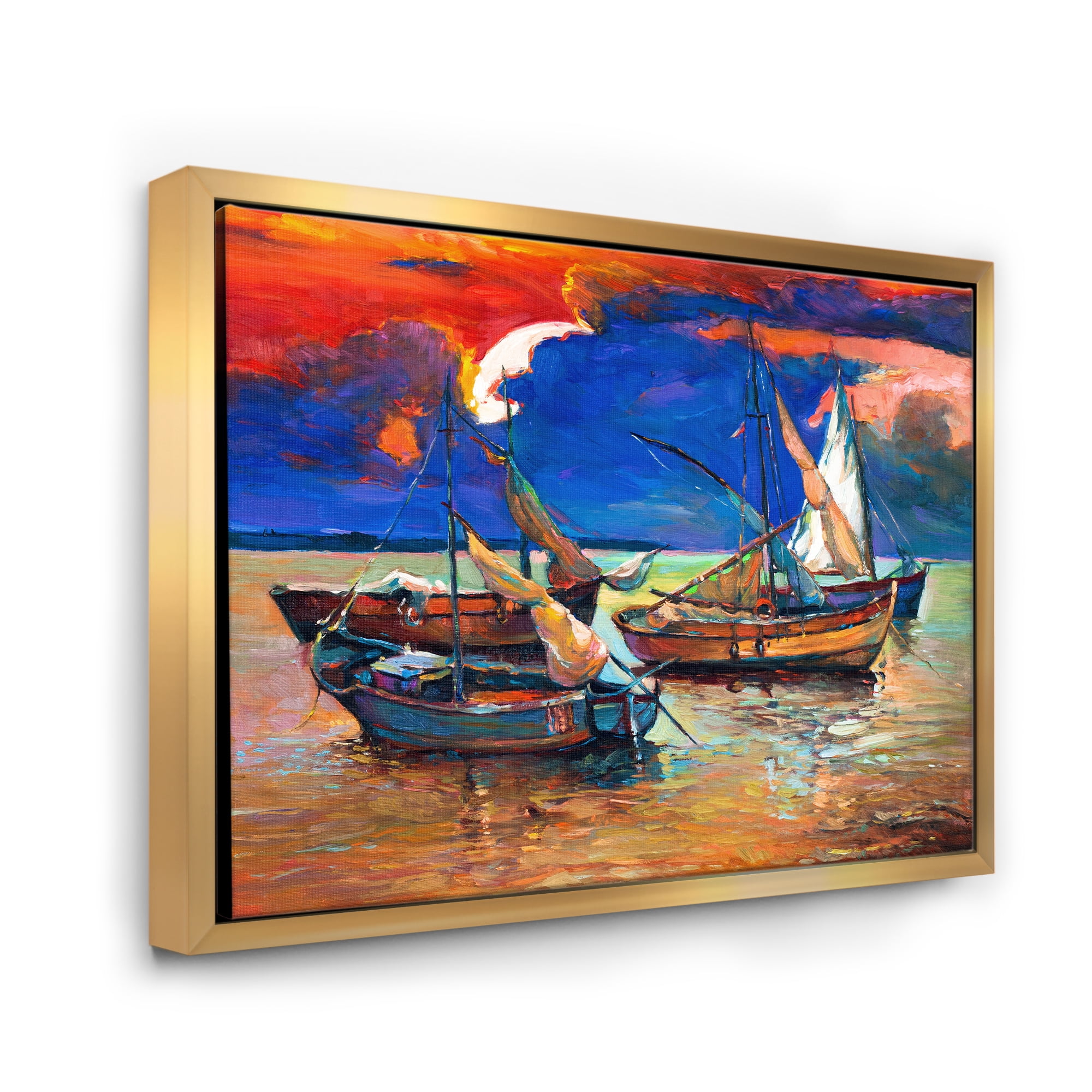 Boats On The Water With Dark Blue Sky I 32 in x 24 in Framed Painting Canvas Art Print, by Designart