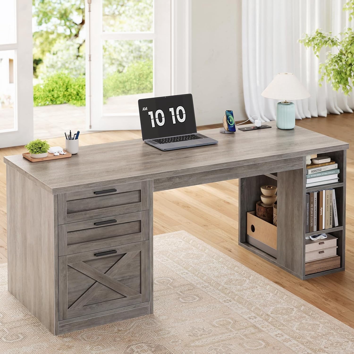 55.1" Farmhouse Desk with 3 Drawers & Open Shelves, Home Office Desk with Power Outlets & File Drawer, Wood Desk with Ample Storage, Computer Desk for Bedroom, Grey