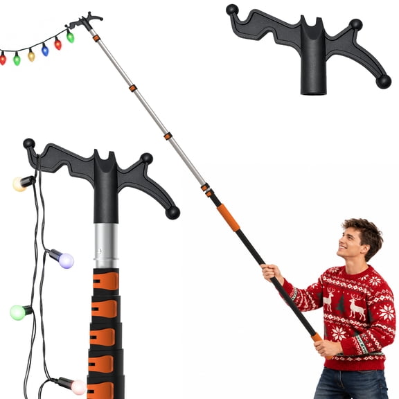 LAANPOLE 30FT Reach Utility Hook with Extension Pole,Installing and Hanging Christmas/String Lights, Birdfeeders, Lightweight.