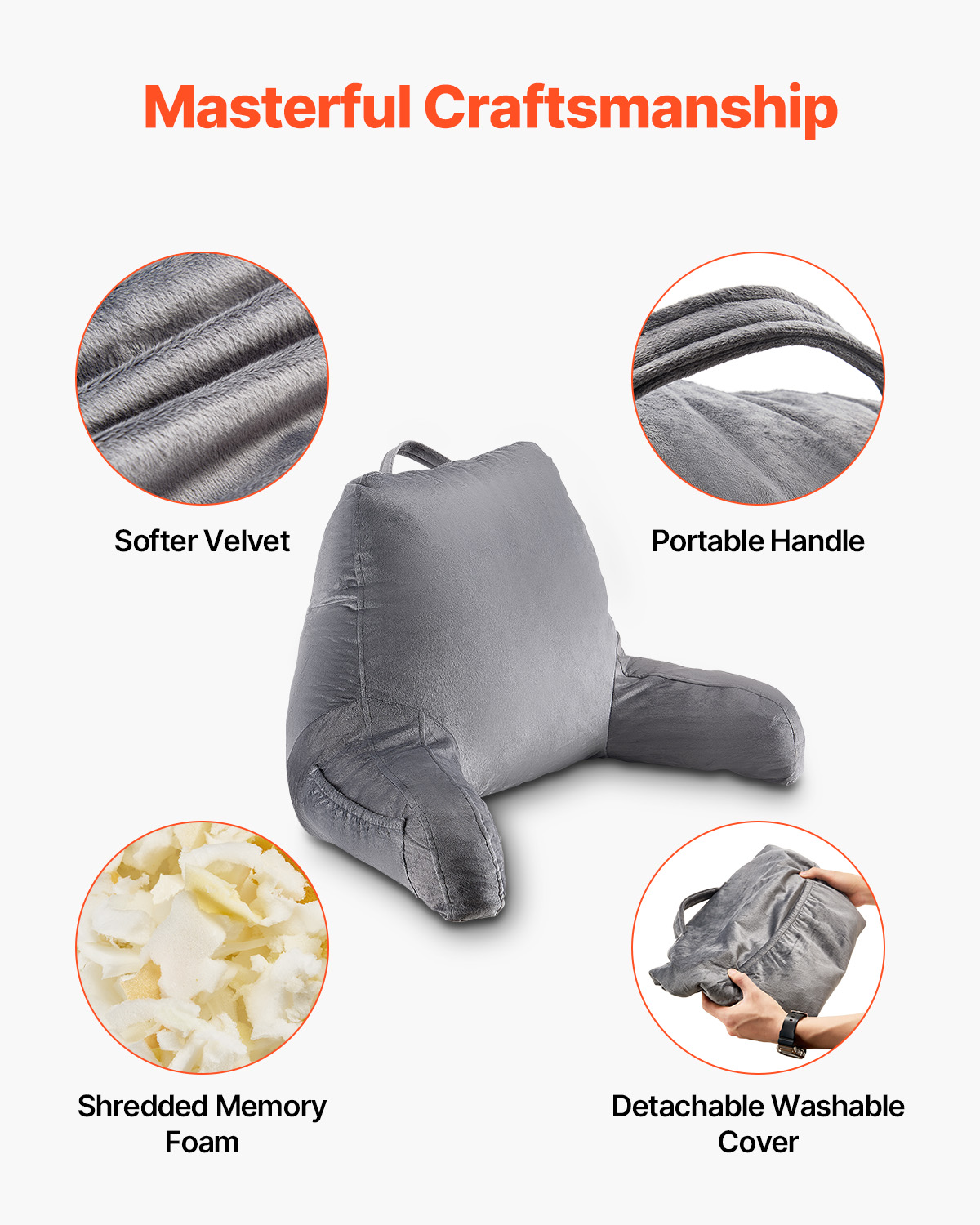 VEVOR Reading Pillow, Standard Size Bed Pillow with Shredded Memory Foam, Back Pillow with 3 Pockets and Washable Short Velvet Cloth, Top with Handle, for Watching TV, Reading, Gaming, Resting, Grey