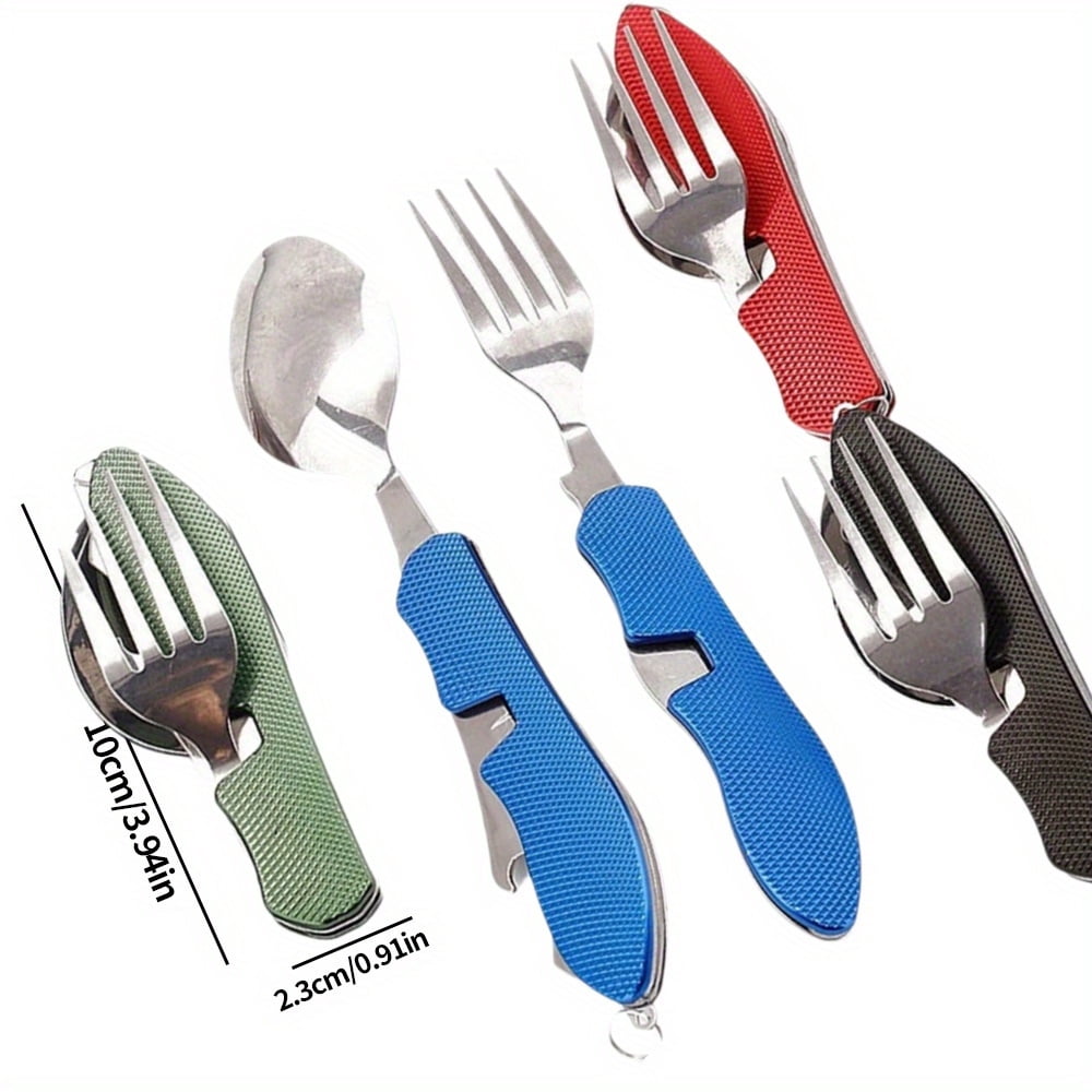 4pcs Camping Cutlery Set Folding Knife Set Stainless Steel Portable 4-in-1 Multi-Functional Outdoor Survival Travel Hiking Cutlery Set Detachable Cutlery