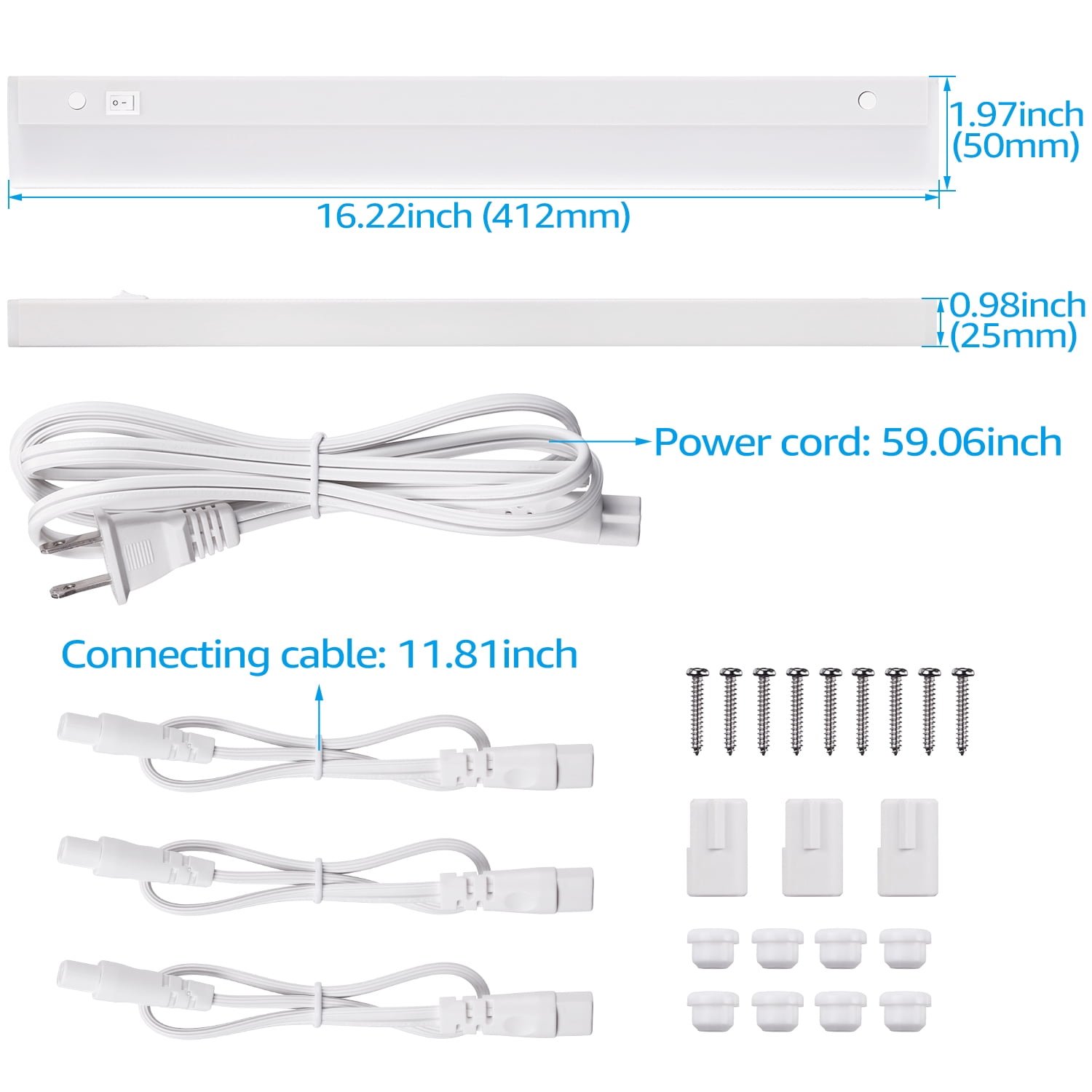 8 Pack LED Under Cabinet Task Lighting, 8W, 16 Inch, 3000K Warm White, ETL Listed, Linkable, Plug in, White Finished (Included 2*Power Cord)