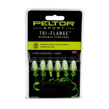 Peltor Sport Tri-Flange Corded Reusable Earplugs, Neon Yellow, NRR 26 dB, 3 Pairs