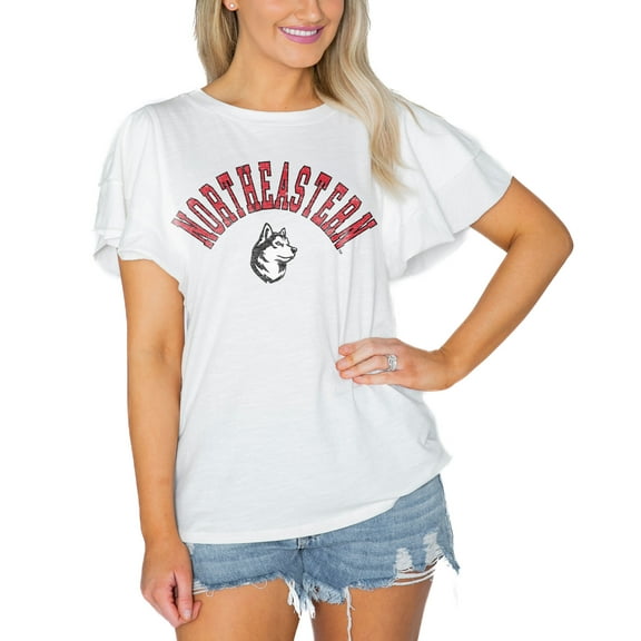 Women's Gameday Couture  White Northeastern Huskies Arch Logo Flutter Sleeve Lightweight T-Shirt