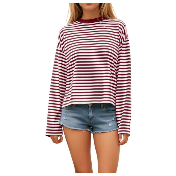 larppty Striped Long Sleeve Shirt Women Y2k Oversized Crewneck Vintage Tops Fall Winter Drop Shoulder Pullover (Red, M)