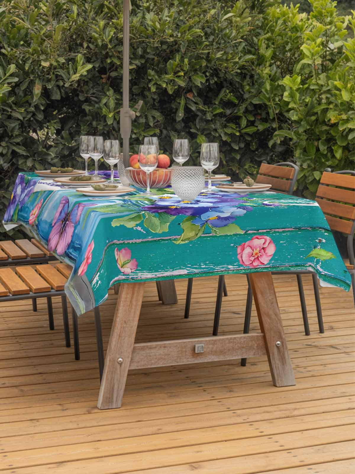Hello Spring Outdoor Tablecloth - 60x120 Inch Rectangle Dining Table Cover, Pastoral Purple Bottle Floral Dark Green Wood Waterproof Outdoor Table Cloth with Umbrella Hole & Zipper for Picnic/Patio