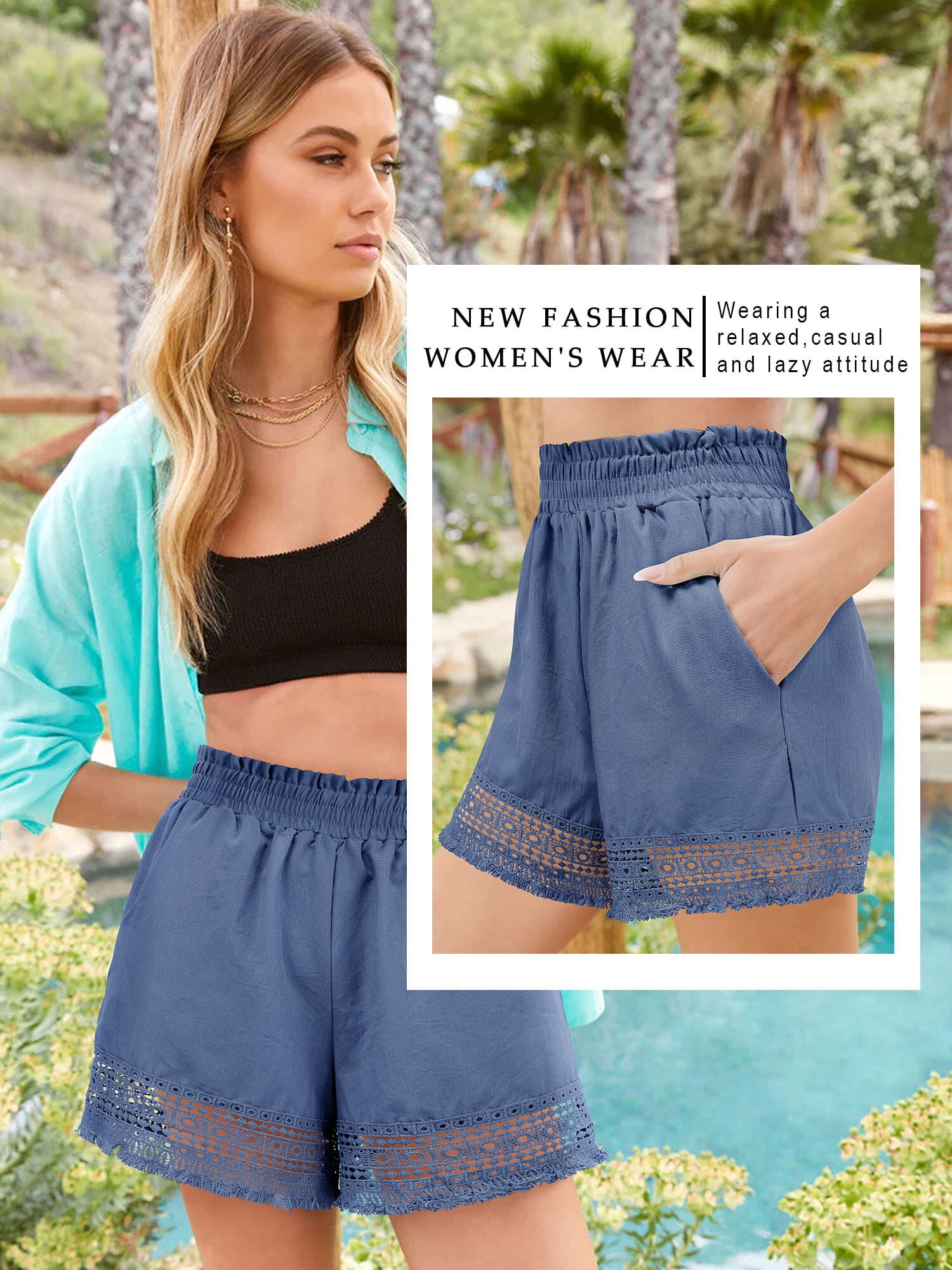 STARVNC Women Hollow Out Ruffle High Waisted Smocked Pocket Shorts