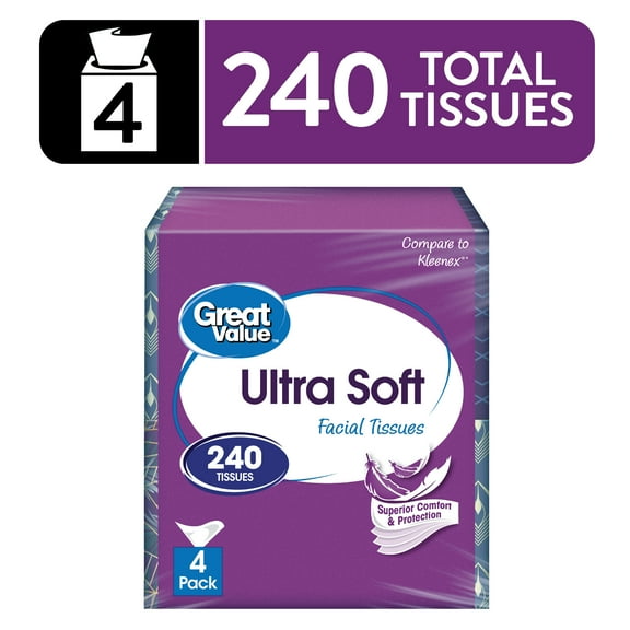 Great Value Ultra Soft Facial Tissues, 4 Cubes, 60 Tissues per Cube, 3-Ply, Compare to Kleenex®