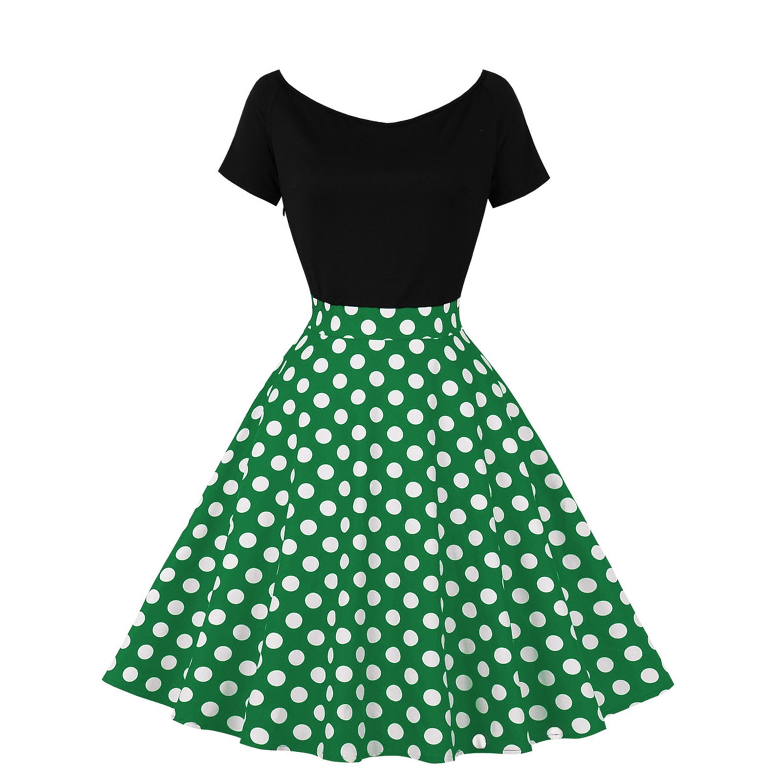 XIAOCHA Women's Polka Dot Dress Fitted Flared off Shoulder Short Sleeves Retro Swing Dress Stretchy Vintage Party Dresses