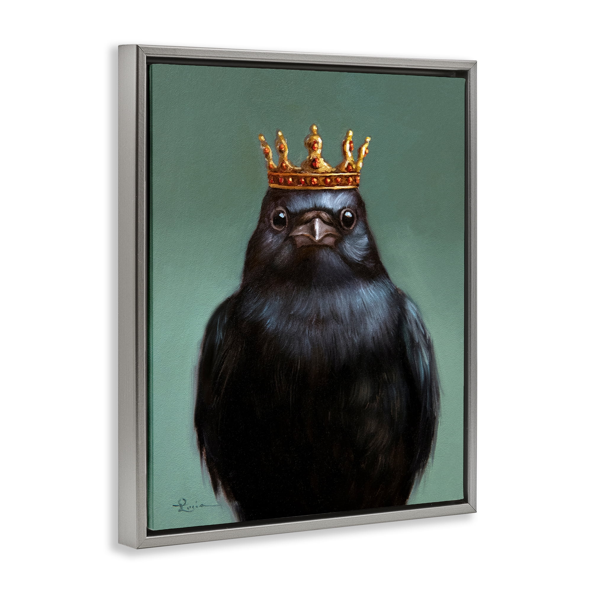King Crow Portrait Gray Framed Floater Canvas Wall Art, design by Lucia Heffernan