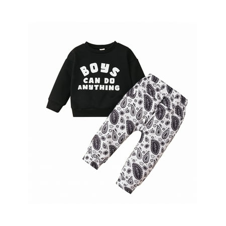 

Thaisu Baby Boys Summer 2PCS Pants Set Long Sleeve Letters Print Sweatshirt with Flower Print Pants Infant Clothes