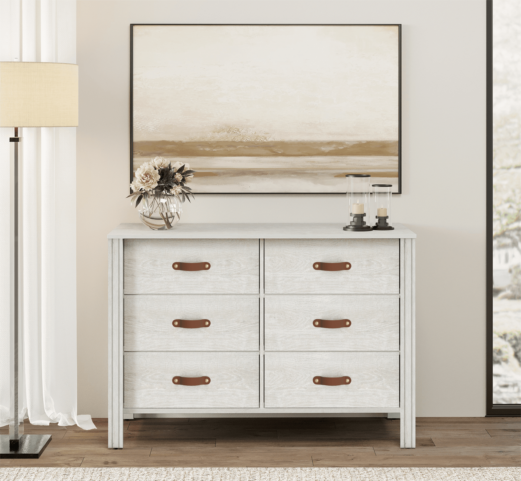 Bedroom Dresser Wood Dresser with 6 Fabric Drawers, Classic Storage Cabinet for Living Room, Hallway, White