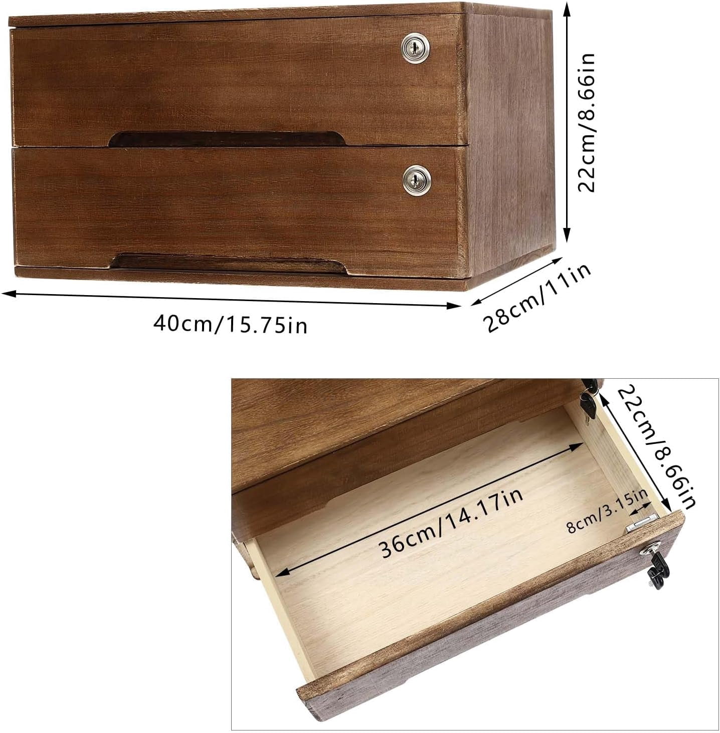 2-Tier Wooden Desk Organizer, Desk Storage Drawers Multifunctional Mini Tabletop Storage Organization Box for Home or Office, 15.75 x 11 x 8.66in (Walnut Color)