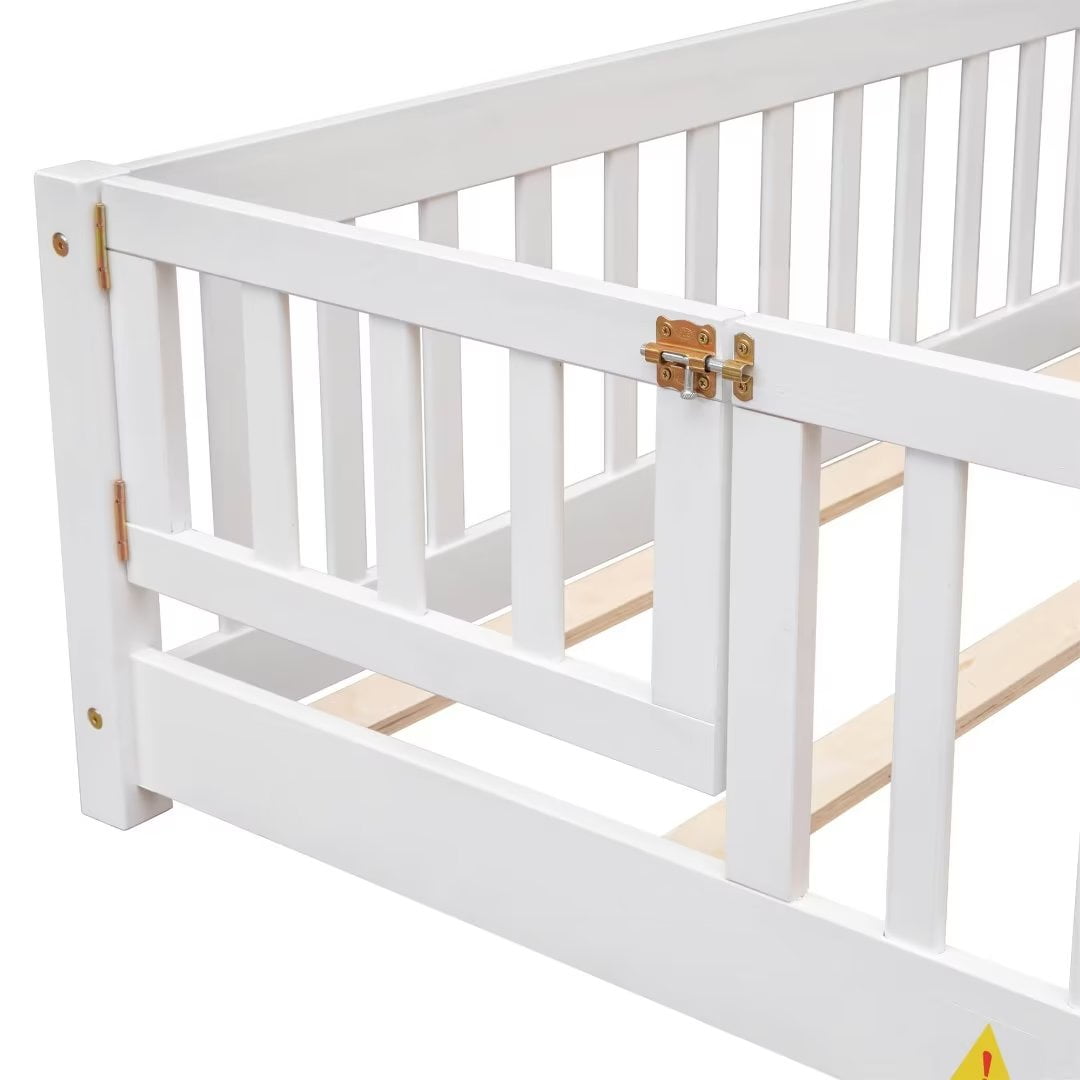 Full Size Floor Bed for Kids, Wood Full Montessori Bed Frame with Fence Guardrails and & Support Slats, Full Playhouse Bed with Door Design, Kids Fence Bed Playpen Bed for Toddler, Boys ,Girls, White