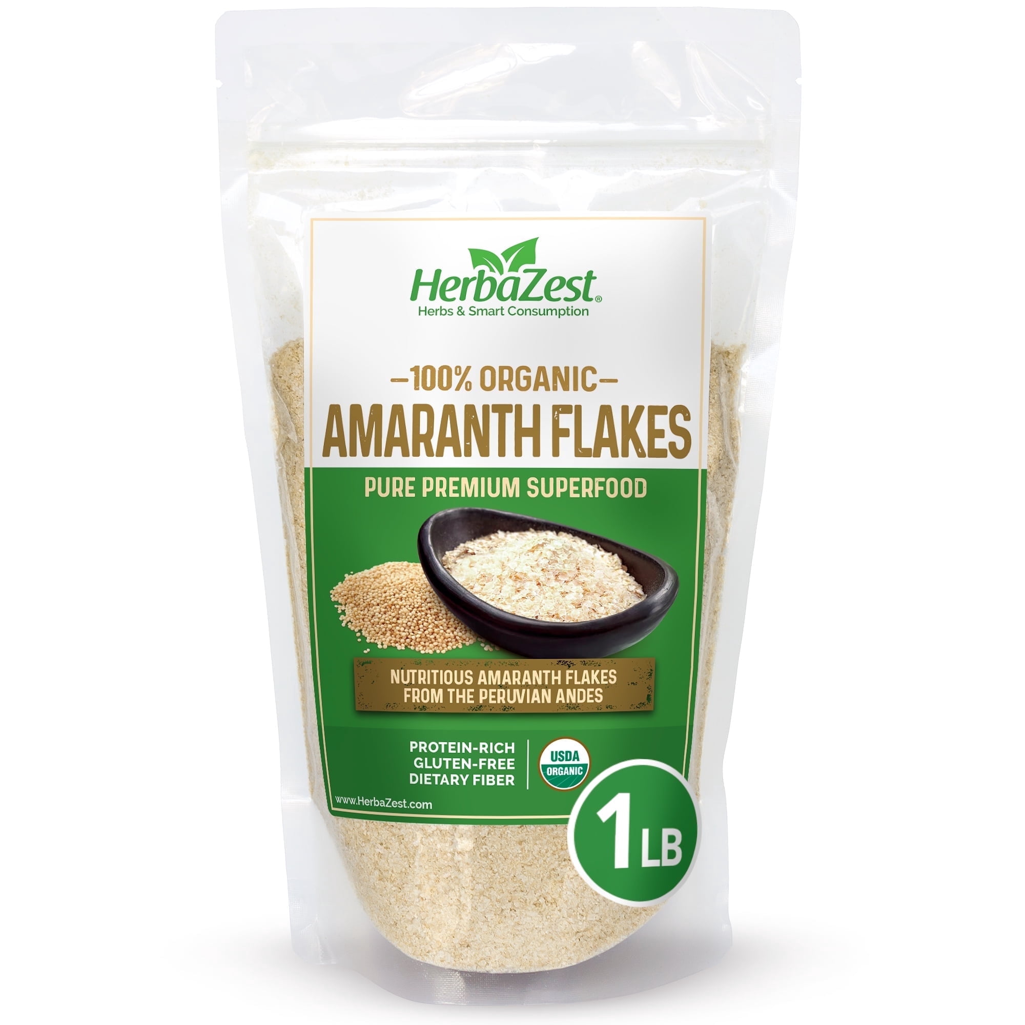 HerbaZest Amaranth Flakes | 1 lb | USDA Certified Organic | Gluten-Free & Vegan |Protein & Fiber-Rich Option for Yogurt, Porridge & Snacks | Superfoods