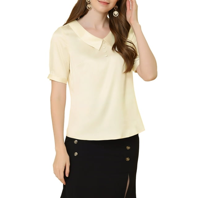 INSPIRE CHIC Blouse en Satin à Manches Courtes avec Boutons et Col Pointu pour Femmes, P Beige