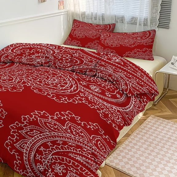 3 Pcs Soft Bedding Set, Includes 1 Duvet Cover with Zipper And 2 Pillow Shams,Red Paisley Pattern Twin(86"x70")