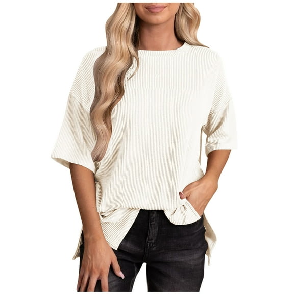Oversized Ribbed Tops for Women Round Neck 3/4 Sleeve Trendy Casual Loose Fit Basic T-Shirts Pullovers Solid Blouses White,XL