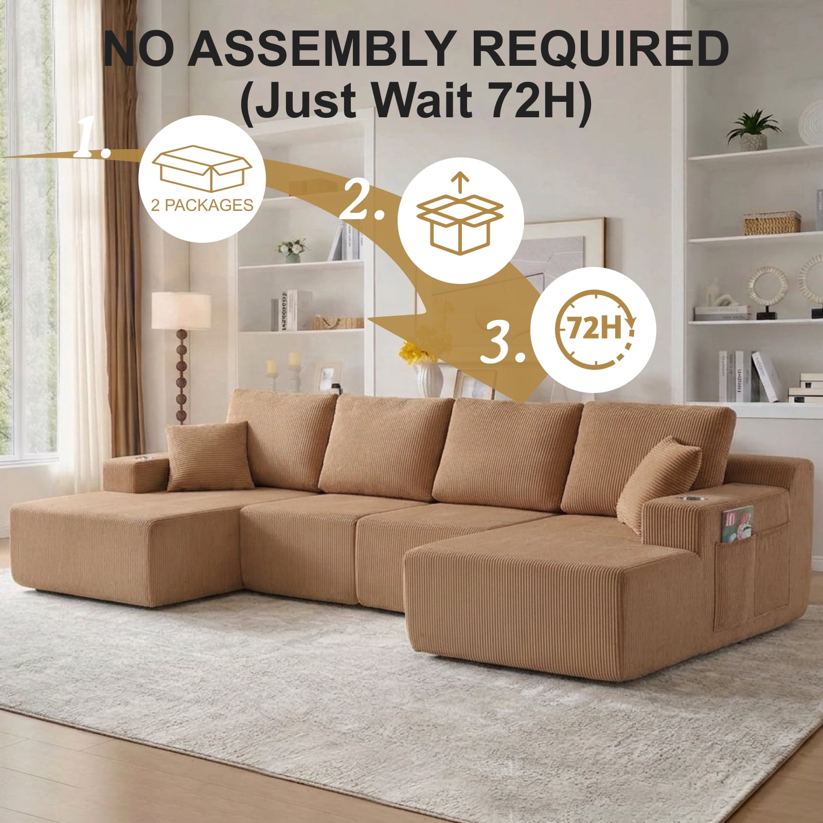 130" U-Shaped Boneless Modular Sectional Sofa with Chaise, 6 Pillows and Cup Holders