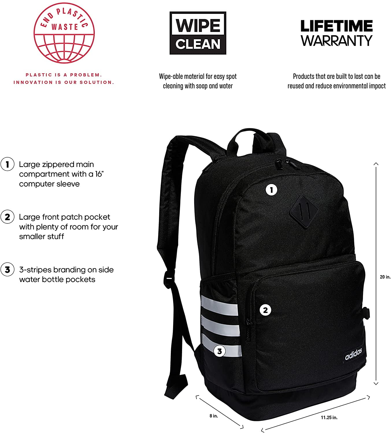 Adidas Unisex Black Classic 3S 4 16" Laptop Storage Backpack One Size $45