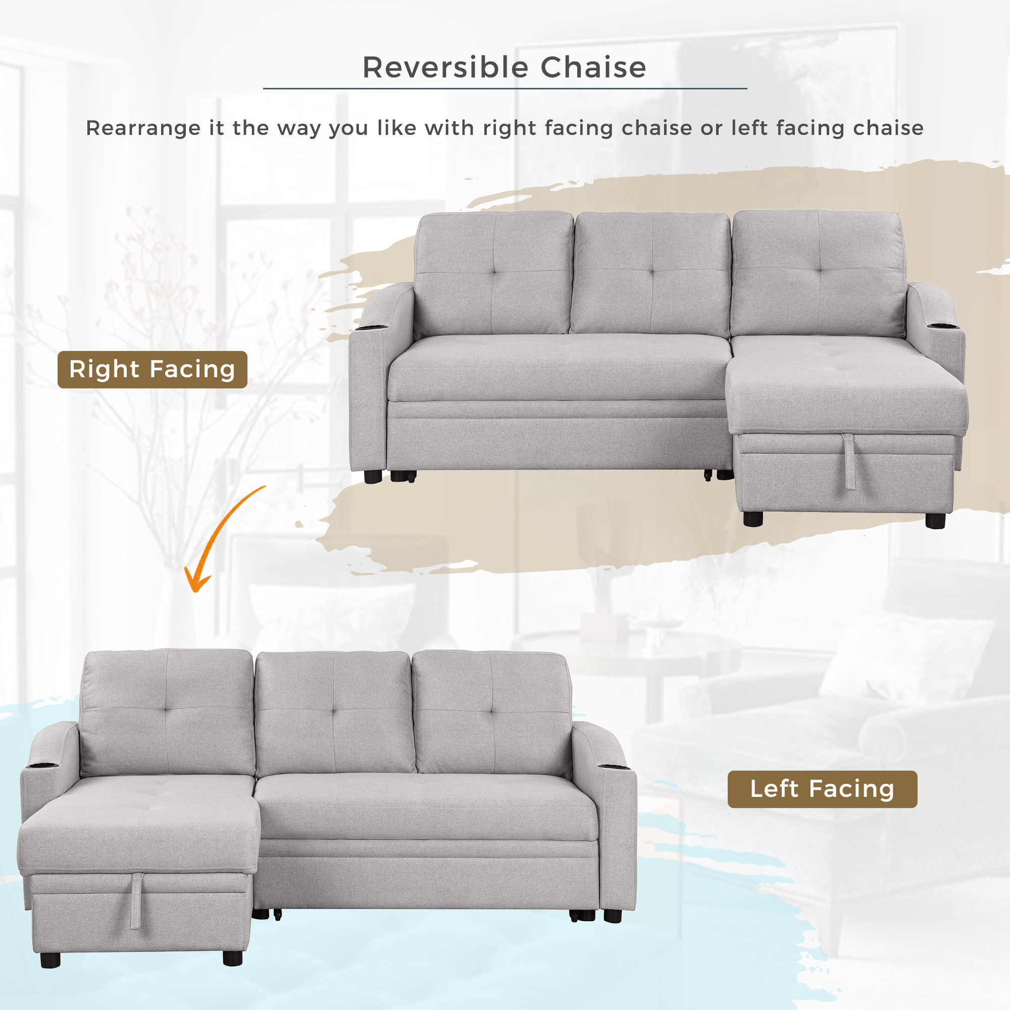 Aukfa Sofa Bed, Sleeper Sofa, 2 in 1 Pull Out Bed with Storage Chaise for Living Room, Linen, Gray