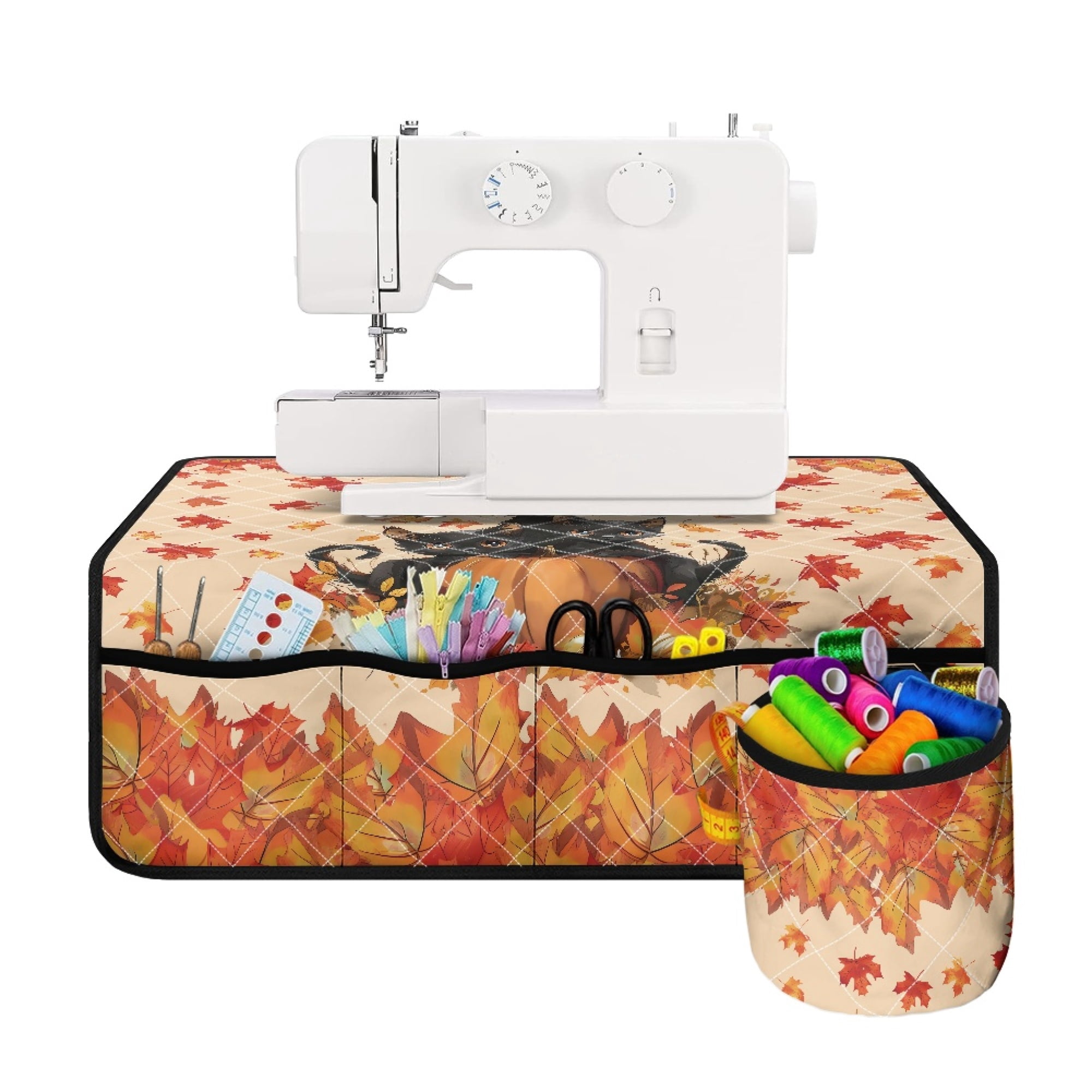 ZIATUBLE Black Cat Sewing Machine Mat Autumn Maple Leaves Sewing Kit Organizer Thanksgiving Pumpkin Sewing Machine Pad with Storage Pocket for Small Fabric Scraps Etc Foldable