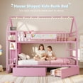 thumbnail image 3 of Bunk Bed Twin Over Twin Size with 6 Storage Drawers and Globe String Lights, House Shaped Metal Twin Bunk Beds with Charging Stations&Montessori Bookshelf&Open Shelf&Ladder and Guardrail, Pink, 3 of 6