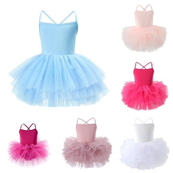 Krdevn Kids Glitter Tulle Ballet Tutu Dress, Girls Spaghetti Strap Dance Leotard Performance Dress,#1 Blue