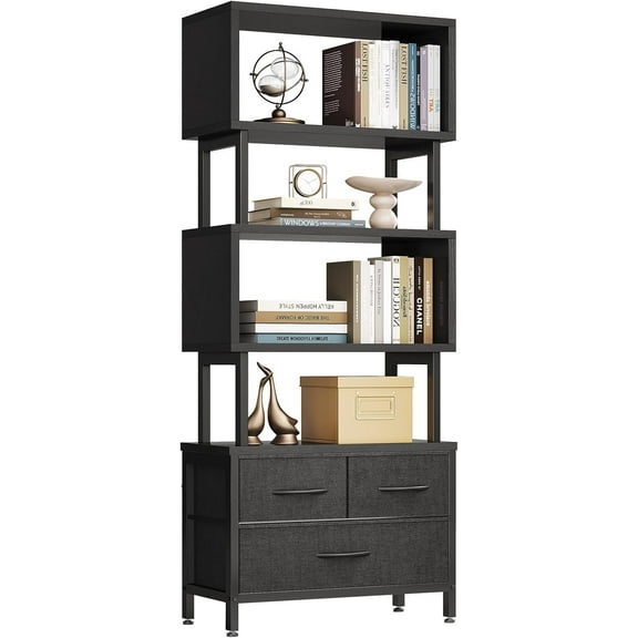 7 Tier Bookshelf, Tall Geometric Bookcase with Fabric Drawers, Modern Display Book Shelves Book Case for Living Room Bedroom, Wood Decorative Standing Shelving Unit for Home Office, Black