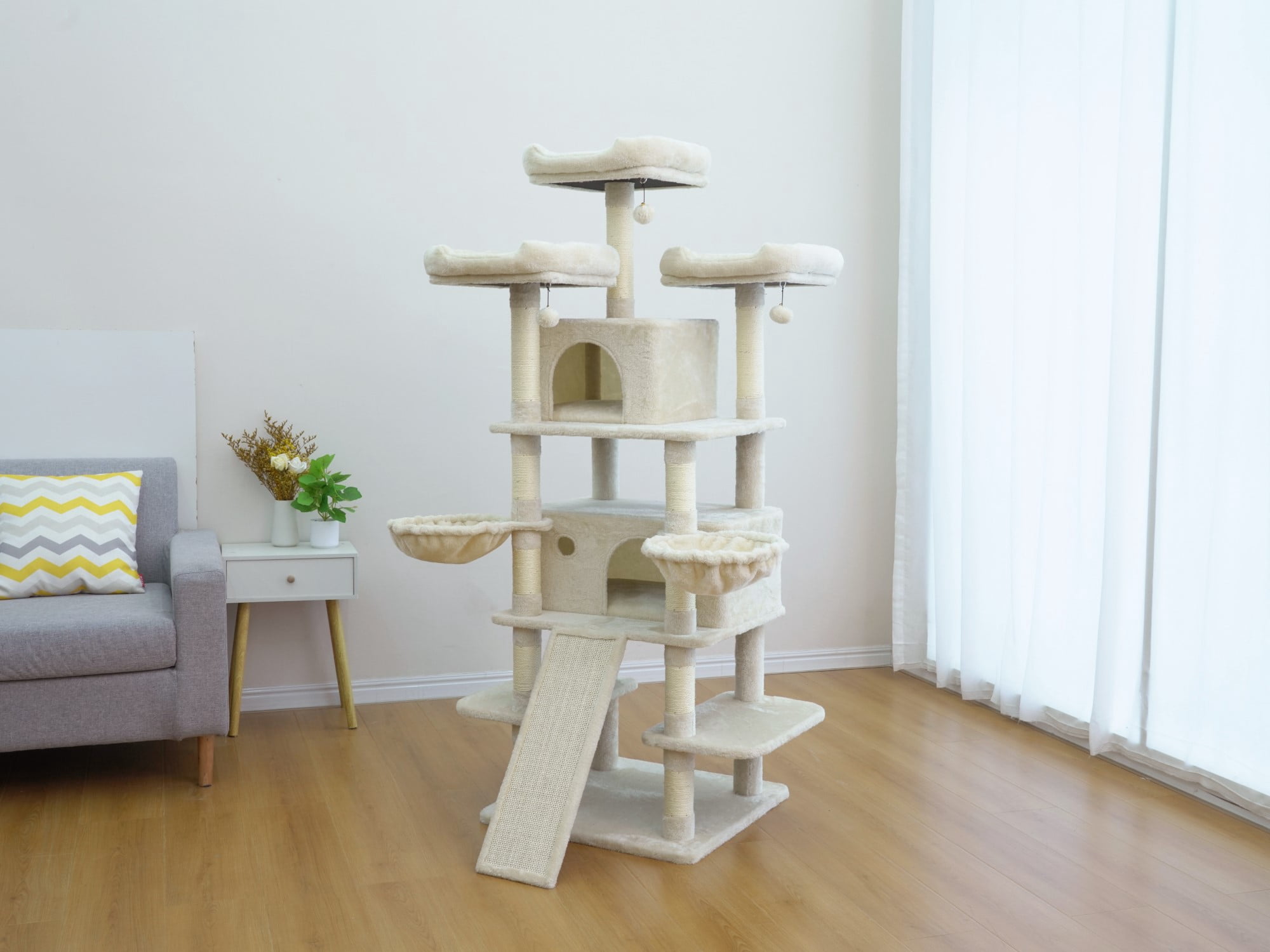 Vibrant Life Heavy Duty 8-Level 66" Cat Tree with Scratching Ramp, Two Condos and Hammocks, Beige