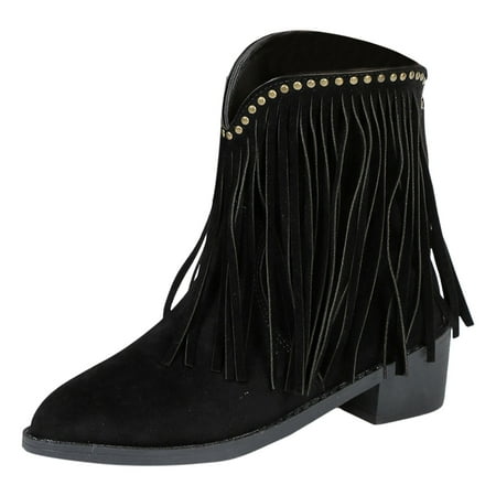 

GHSOHS Tassel Western Cowgirl Boots for Women Retro Fashion Suede Fringe Ankle Booties Large Size Thick Heel Comfort Cowboy Boots