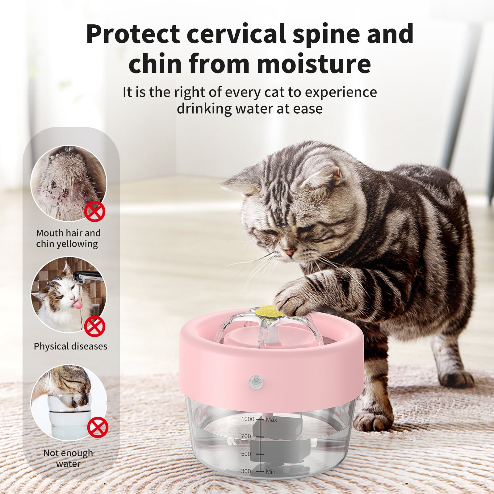 MASBRILL Cat Water Fountain, 1000mAh Battery, 1L Automatic Pet Drinking Fountain, Pink