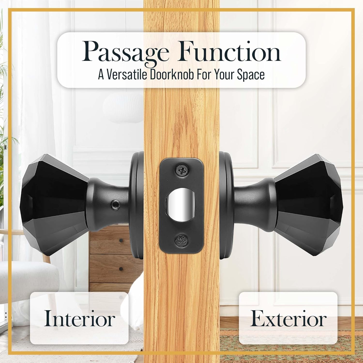 Balin Designs Crystal Doorknob by Balin Designs (Matte Black) - Decorative Hardware Interior Keyless Passage Door Lock for Hallway Passage, Kitchen, or Other Doors (1 Pack)
