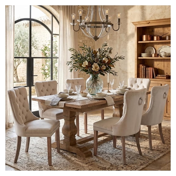 Dining Chairs Set of 6, Upholstered Side Chairs, Tall Back Tufted Ring Chair, Solid Wood Legs (Beige)