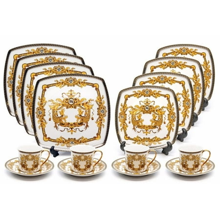 Sea Porcelain - Royalty Porcelain 16-pc Luxury White, Greek Key Dinner Set, 24K Gold Medusa