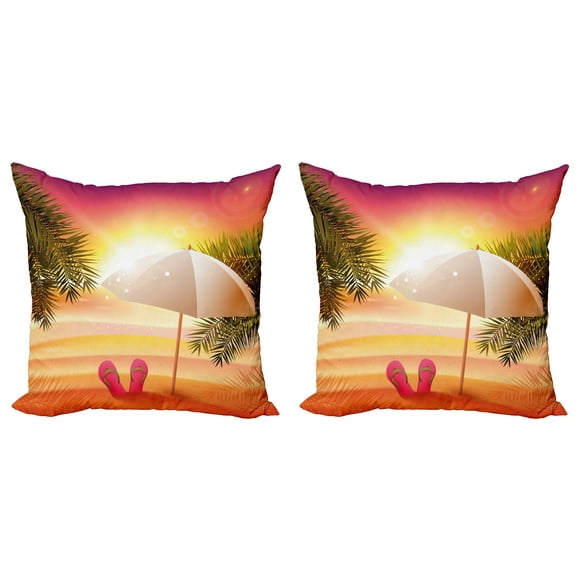 Ambesonne Orange Throw Pillow Cover 2 Pack, Summer Sunset on Beach, 24", Orange and Yellow