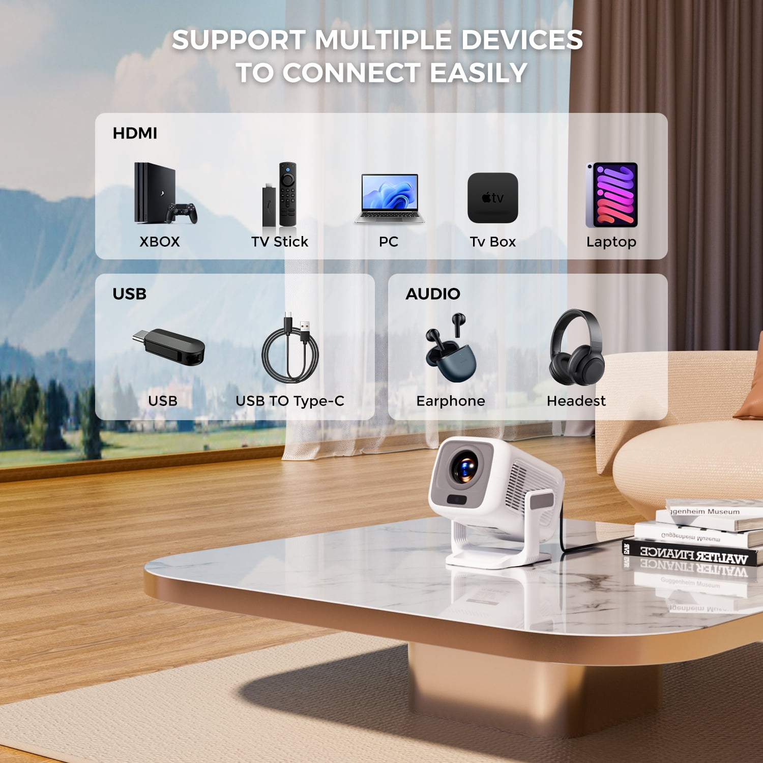 Mini Projector with WiFi and Bluetooth 4K 1080P Support with 180°Adjustable Stand, Home Video Projector Compatible for Laptop, PC, Smartphone