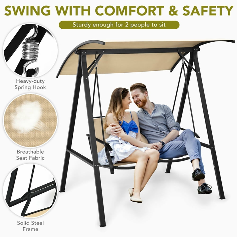 Aimee Lii Outdoor Porch Steel Hanging 2-Seat Swing Loveseat with Canopy, Outdoor Swing Chair, Beige