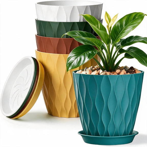 Set of 5 Colorful 6 Inch Plastic Flower Pots with Drainage Holes & Saucers, Indoor Outdoor Planters for Home Garden Decor