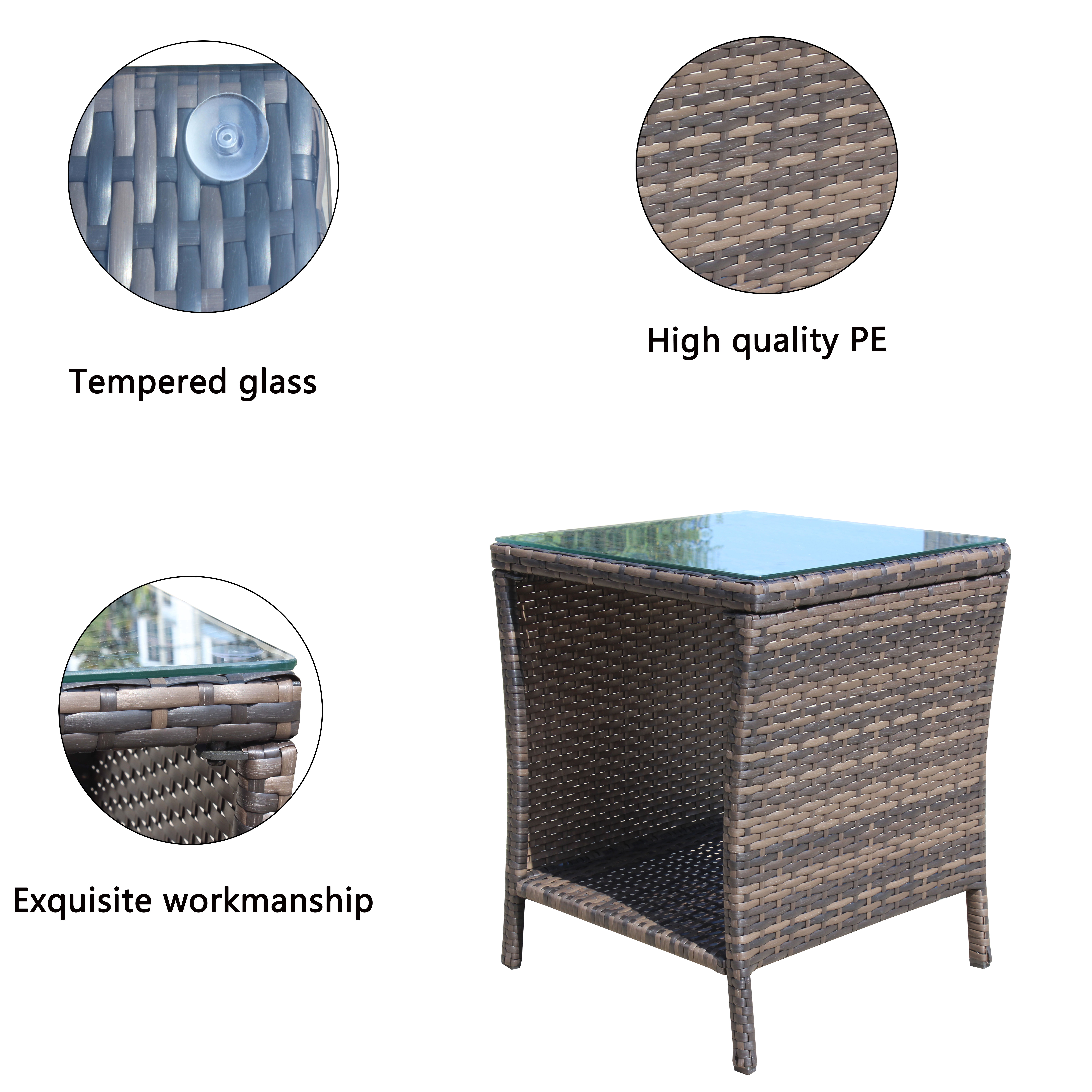 PE Rattan Outdoor Patio Coffee Table with 0.2 Inch Clear Tempered Glass Top, 19.25×19.25×21 Inch Steel Frame Side Table, 120LBS Weight Capacity UV & Water Resistant Garden Deck Table