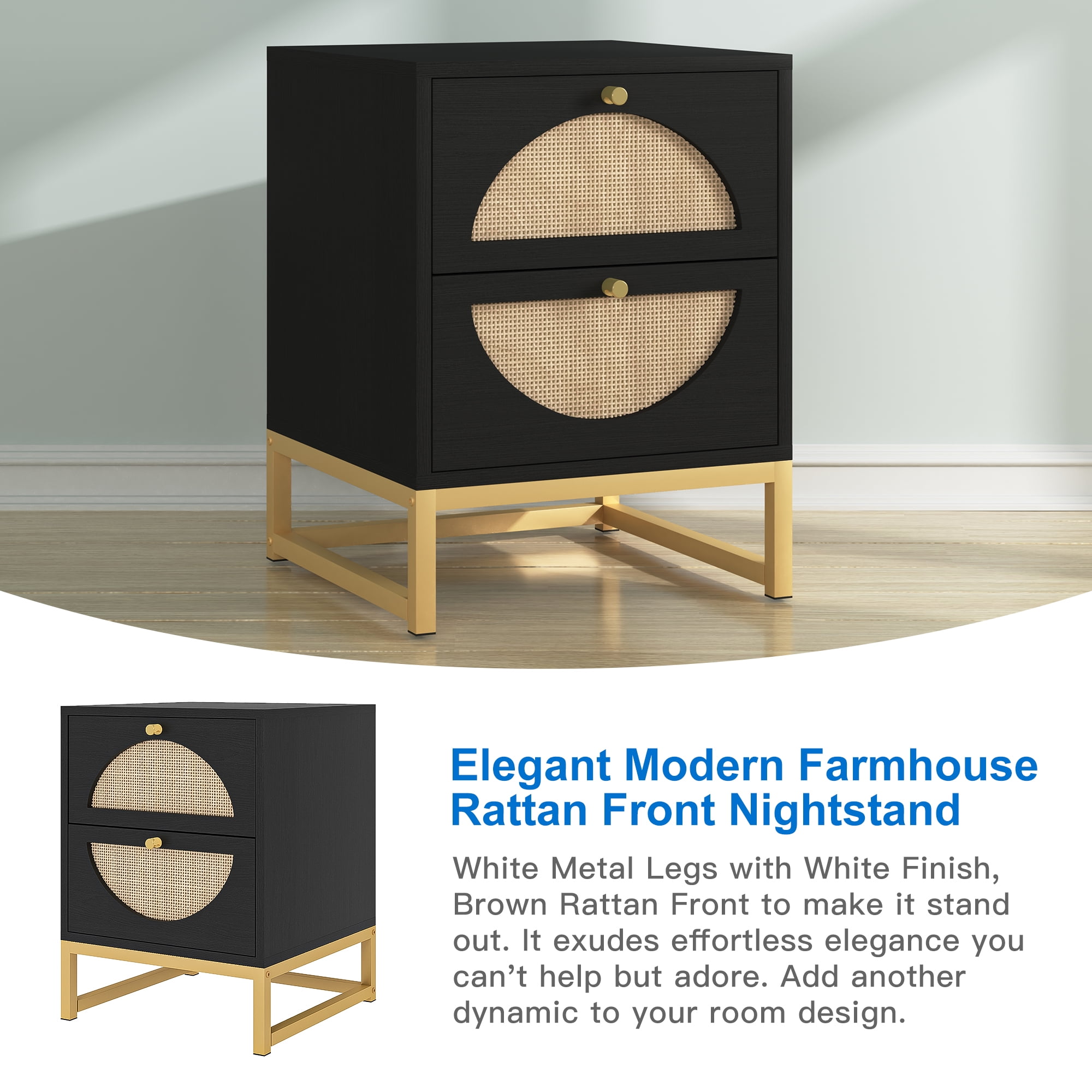 YYAo Single Nightstand, Bedside End Table with 2 Natural Rattan Drawer & Metal Legs, Side Table for Bedroom and Living Room, Black YYAo Single Nightstand, Bedside End Table with 2 Natural Rattan Drawer & Metal Legs, Side Table for Bedroom and Living Room, Black