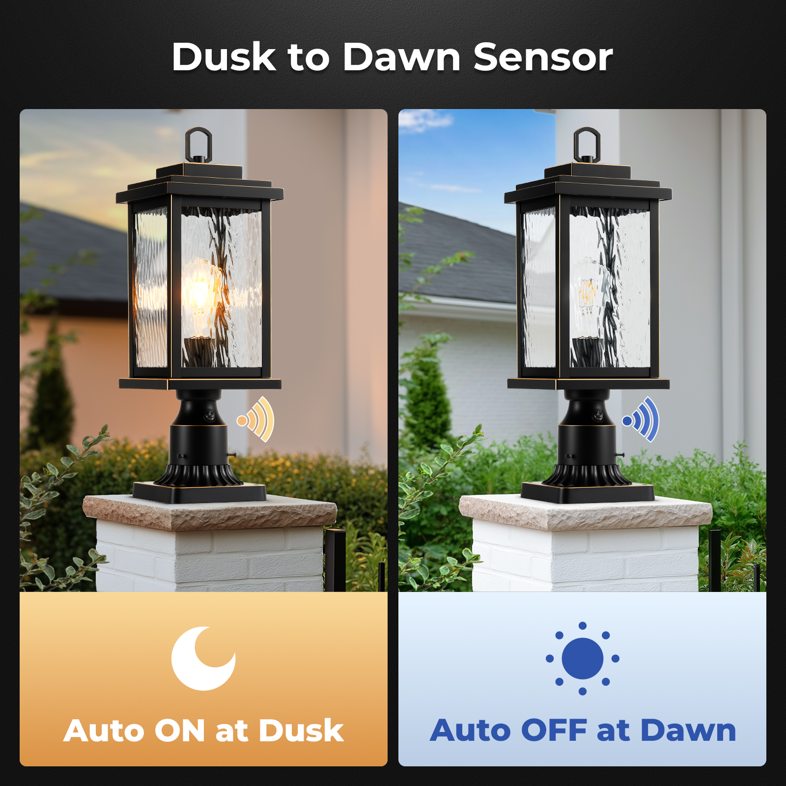 VIANIS Large Dusk to Dawn Outdoor Post Lights, Matte Black Hardwired Waterproof Outside Lamp Post with Pier Mount Base, 3-inch Aluminum Outdoor Post Light with Tempered Glass for Garage, Garden