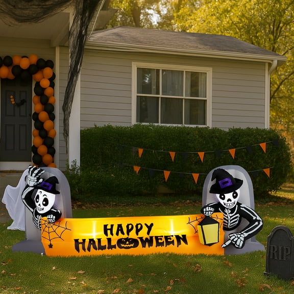 UBesGoo 9.6'  Halloween Inflatable Skeleton Tombstone Banner, Outdoor Decorations Blow Up Yard Decor Built-in LEDs for Halloween Holiday Party