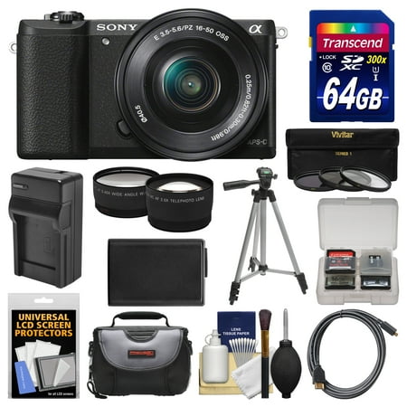 Sony Alpha A5100 Wi-Fi Digital Camera & 16-50mm Lens (Black) with 64GB Card + Case + Battery & Charger + Tripod + Filters + Tele/Wide Lens Kit