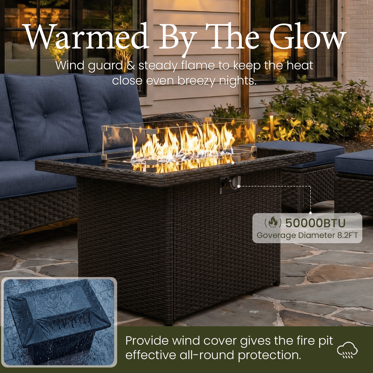 LayinSun 7 Pieces Patio Outdoor Conversation Set, Wicker Furniture Set with Swivel Chairs and Fire Pit Table 7-Seat