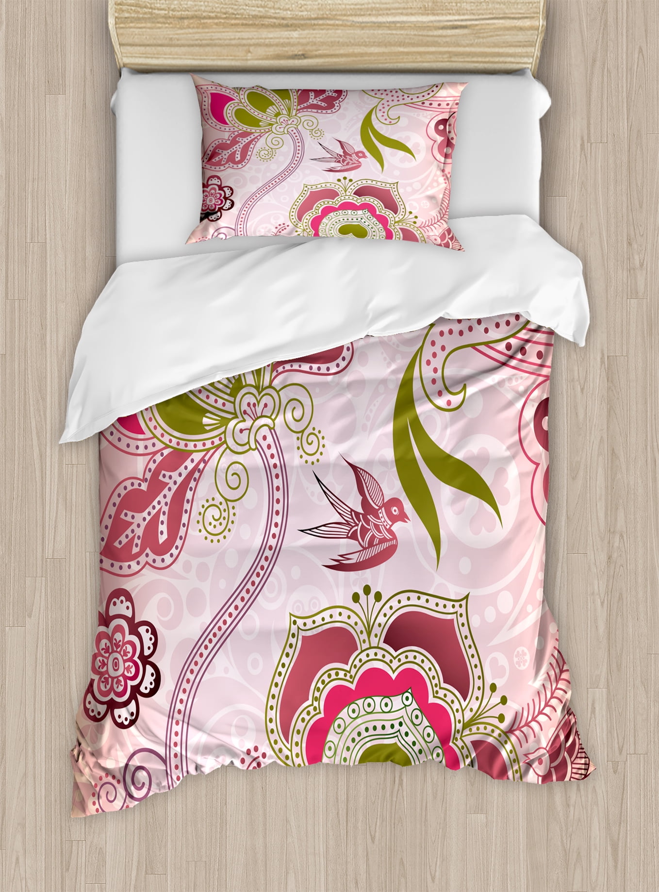Ethnic Duvet Cover Set, Ethnic Asian Floral with Scroll Swirl Leaf